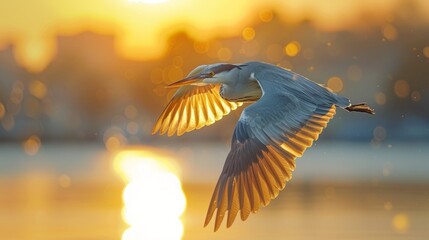 Wall Mural - Nycticorax nycticorax gliding against a sunset sky over water during migration