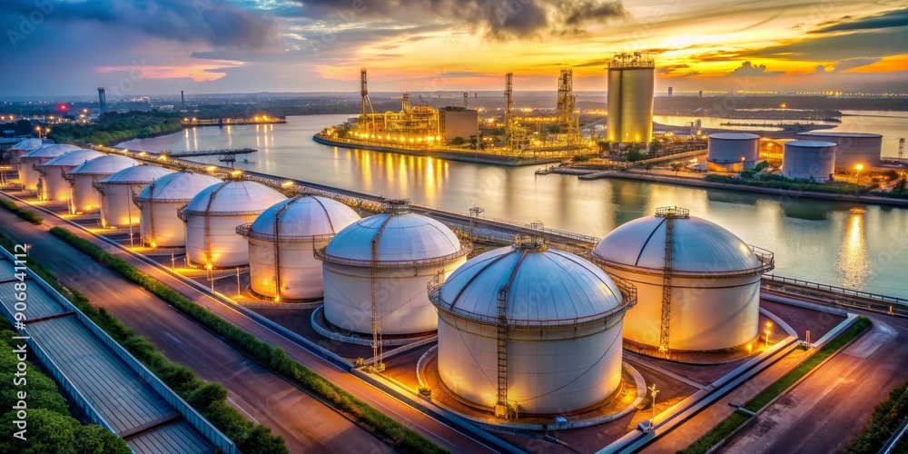 Aerial View of Oil Storage Tanks at Sunset, oil refinery, industrial ...