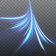 Poster - Blue wind waves effect. Abstract light motion trails with sparkles isolated on black background. Light blue Twirl. Curve light effect of blue line. Luminous blue circle.