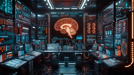 Poster - A modern research facility showcases advanced technology and data analysis related to medical science.