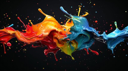 Poster - Vibrant liquid ink splashing in abstract rainbow patterns against dark background