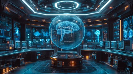 Poster - Cutting-edge technology and digital displays illustrate ongoing research in brain imaging and medical advancements.