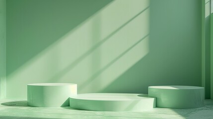 Poster - Green podium platform in studio with natural light and shadows