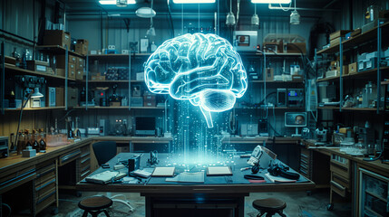 Poster - A cutting-edge research lab showcases advanced brain visualization technology amidst a well-equipped workspace.