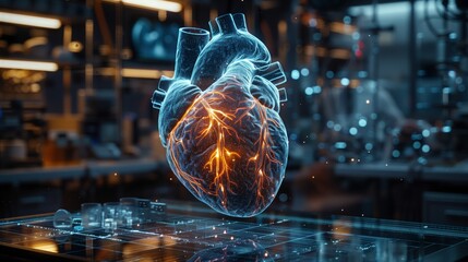 Poster - Researchers collaborate in a modern lab, utilizing advanced technology to study heart health and innovative treatment methods.