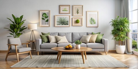 Modern Living Room with Grey Sofa and Natural Elements, sofa , living room , interior design , home decor