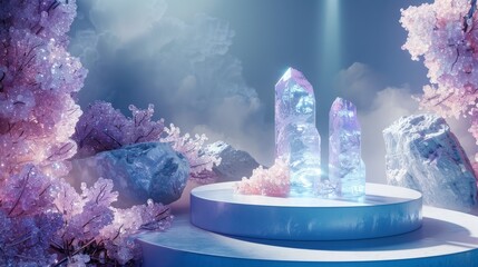 Poster - Crystal podium display with diamond background and glass elements in a dreamy setting