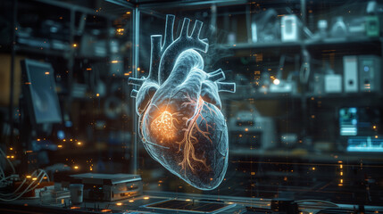 Poster - A cutting-edge research lab features a detailed holographic representation of a heart, surrounded by advanced scientific instruments and technology.