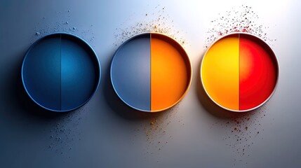 Wall Mural - Three round shapes showing a change from blue to orange with gold and red glitter