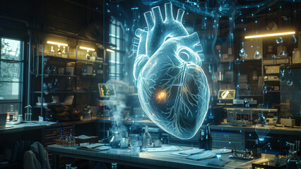 Poster - Researchers engage with a holographic heart model in a modern laboratory filled with advanced equipment and scientific tools.