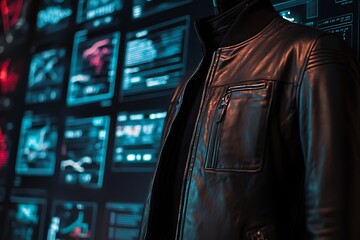 Close-up of a black leather jacket in front of a screen with blue and red lights.