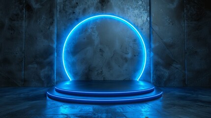 Poster - Futuristic podium with neon lighting against dark textured wall