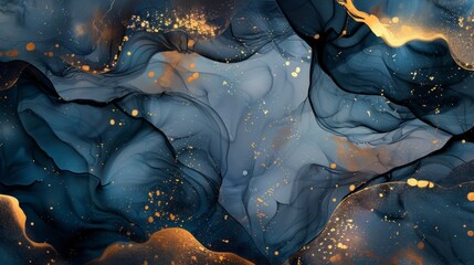 Wall Mural - Abstract gold and blue watercolor background art with fluid shapes and textures