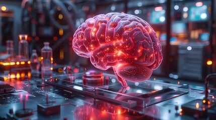 Poster - A detailed holographic representation of a brain is showcased in a modern laboratory, highlighting advanced technological applications and research.