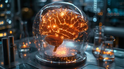 Poster - A detailed holographic display illustrates a glowing brain, showcasing neural connections in a futuristic laboratory.