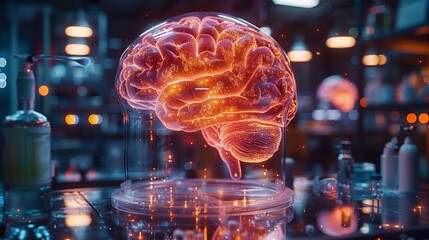 Poster - A holographic model of a brain is showcased in a laboratory, with vibrant colors illuminating the intricate details of its structure.