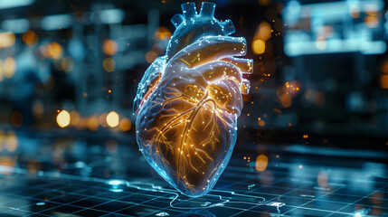Poster - a realistic holographic model of a human heart is presented in a high-tech laboratory, highlighting 