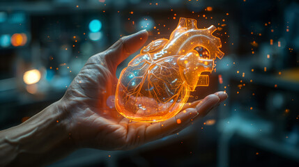 Poster - A hand holds a holographic display of a human heart, showcasing intricate details in a high-tech laboratory setting.