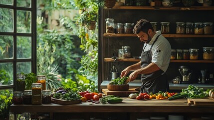 Wall Mural - A chef skillfully prepares a farm-to-table meal, expertly chopping fresh vegetables and herbs in a rustic kitchen filled with greenery and natural light