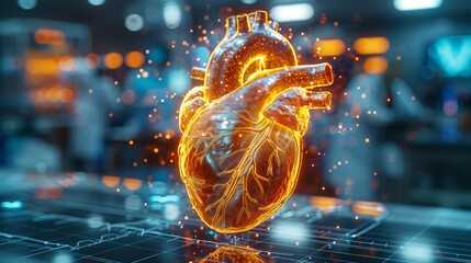 Poster - A holographic representation of a human heart is showcased in a laboratory, highlighting intricate details as researchers engage in medical investigations.