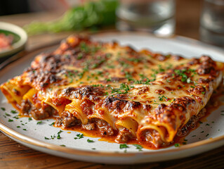 a plate of lasagna with a golden brown crust, topped with fresh basil and grated cheese, served on a wooden table.