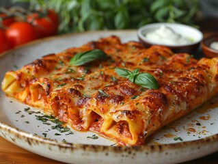 a plate of lasagna with a golden brown crust, topped with fresh basil and grated cheese, served on a wooden table.