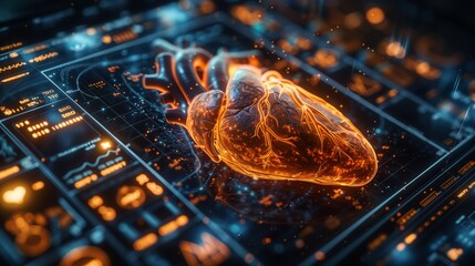 Poster - A glowing hologram of a human heart is showcased on a digital interface in a high-tech medical setting.