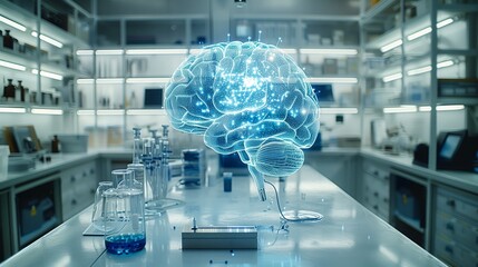 Poster - A holographic brain floats above a lab table surrounded by scientific equipment, showcasing futuristic technology and cutting-edge research.