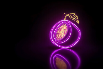 Wall Mural - Purple neon passion fruit silhouette isolated on black background.