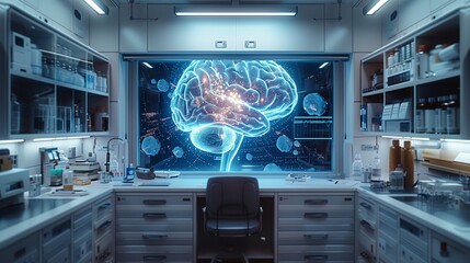Poster - a high-tech laboratory features a holographic projection of a brain, showcasing advanced research in