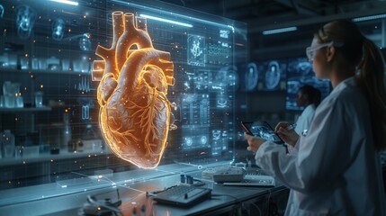 Poster - A scientist examines a holographic heart model in a high-tech lab, showcasing advancements in medical technology and research.