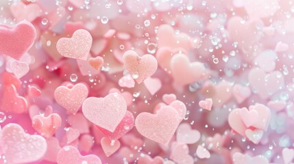 Wall Mural - pink heart-shaped confetti with water droplets on a soft pink background. romantic and whimsical.