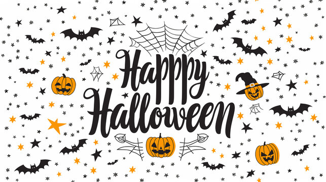 Halloween-themed sign with pumpkins, bats, and eerie 