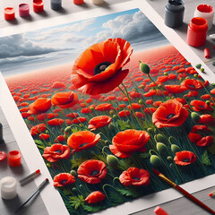 Wall Mural - Thick acrylic paints created a three-dimensional, lifelike poppy field on a white relief paper sheet.