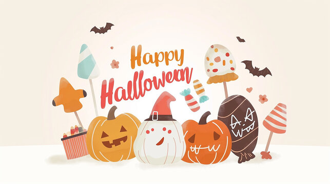 Happy Halloween concept with a victorious trick-or-treater and a basket of candy.