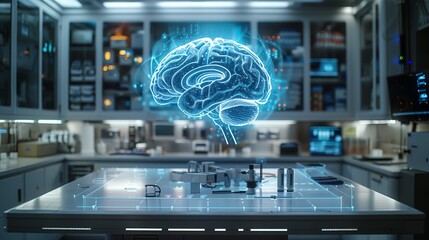 Poster - A high-tech laboratory features a holographic brain projection above a sleek worktable filled with advanced equipment.