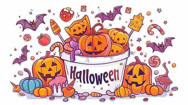 A festive Halloween scene with a basket full of candy and a triumphant trick-or-treater.