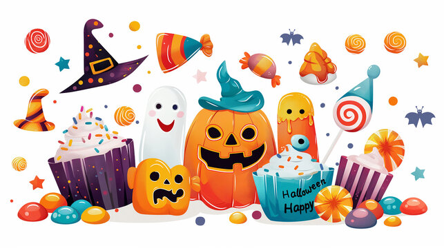 Halloween vector graphic highlighting trick or treat achievements and a delightful candy-filled celebration. Happy Halloween theme.