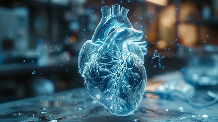 Poster - A detailed holographic heart model floats above a lab table, showcasing intricate internal structures illuminated in soft light during an evening research session.