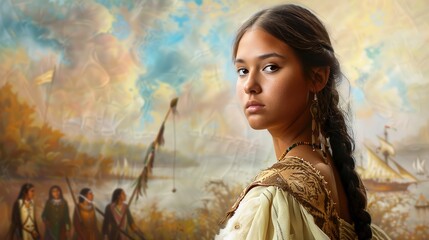 Wall Mural - A beautiful young Native American woman standing proudly