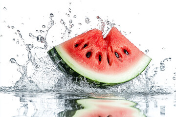 Wall Mural - A whole watermelon chunk creating a splash when dropped into water with white background