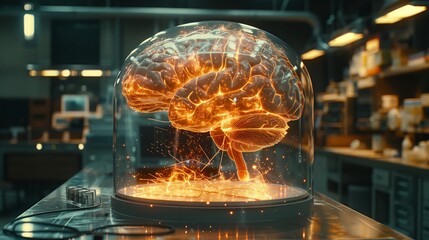 Poster - A transparent dome encases a glowing brain illustrating neural networks, surrounded by laboratory tools and equipment in a scientific research setting.