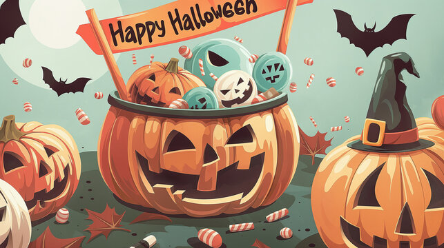 Cute Halloween vector design with jack-o'-lanterns, spiders, and cobwebs.