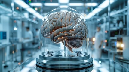Poster - A holographic brain is pulsating rhythmically inside a glass dome, showcased in a modern laboratory filled with scientists and advanced technology.