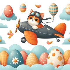 Cute Cat Flying Airplane with Easter Eggs and Clouds