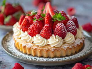 Wall Mural - a tray of fresh strawberries cake with whipped cream on top, possibly a dessert.