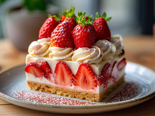 Wall Mural - a tray of fresh strawberries cake with whipped cream on top, possibly a dessert.