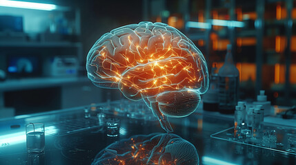 Poster - A detailed visualization of neural networks within a human brain, glowing and vibrant, set against a lab environment filled with scientific equipment.