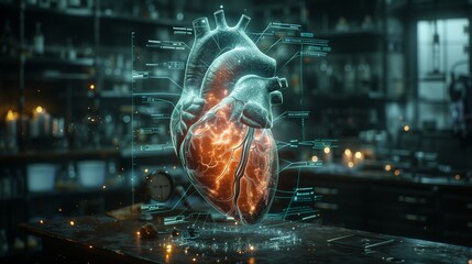 Poster - A holographic human heart floats vividly in a dimly lit lab, surrounded by equipment and glowing data projections.