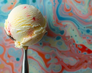 Wall Mural - Highly Detailed Ice Cream Scoop Against Vibrant Marbled Backdrop Frozen Dessert Concept